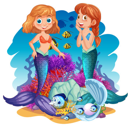 Two mermaids with fish and coral reefのイラスト素材