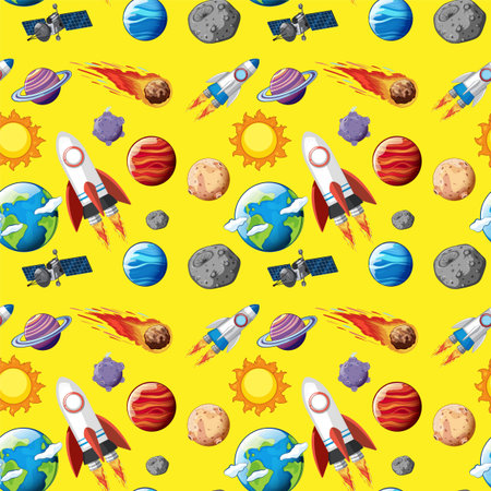Seamless pattern with planets, rockets, and satellitesのイラスト素材