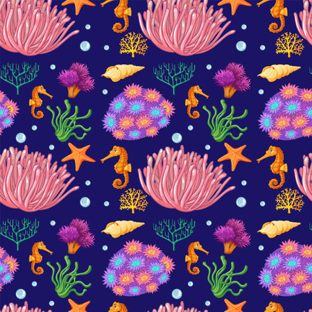 Seamless pattern of vibrant sea creatures and plantsのイラスト素材