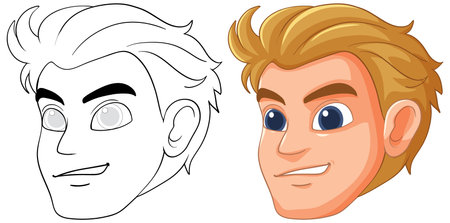 Side-by-side colored and outline cartoon headsのイラスト素材