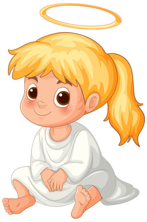 Blonde child with halo, sitting and smilingのイラスト素材
