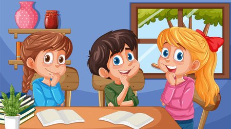 Three kids studying and smiling at a tableのイラスト素材