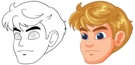 Colored and outline versions of a male faceのイラスト素材