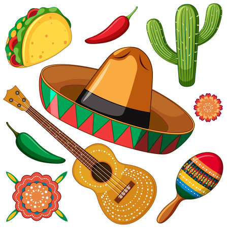Colorful icons of Mexican culture and traditionsのイラスト素材