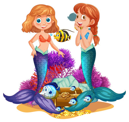 Two mermaids with fish and treasure chestのイラスト素材