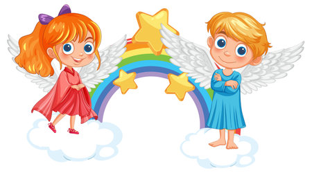 Two angelic children with wings and a rainbowのイラスト素材