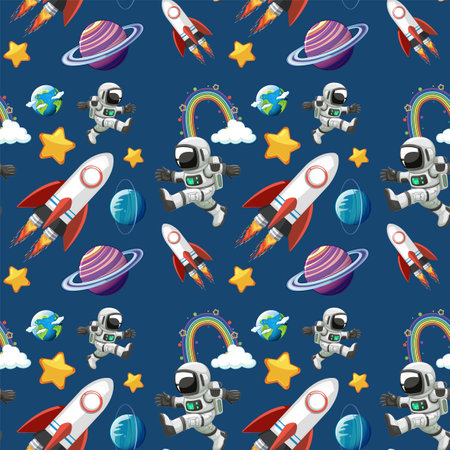 Astronauts, rockets, planets, and stars in spaceのイラスト素材