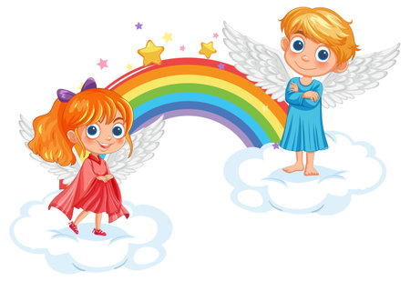 Two angels standing on clouds with a rainbowのイラスト素材