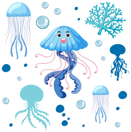 Happy jellyfish with bubbles and coralのイラスト素材