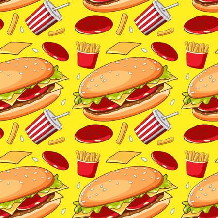 Colorful fast food items on yellow backgroundのイラスト素材