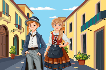 Two children in vintage clothing on a streetのイラスト素材