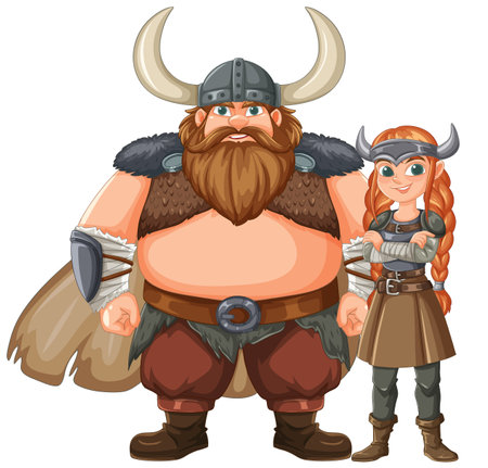 Two Viking warriors in traditional attireのイラスト素材