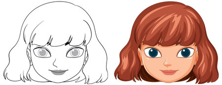 Outlined and colored versions of a woman's faceのイラスト素材