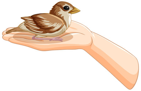 A hand gently cradles a small brown birdのイラスト素材