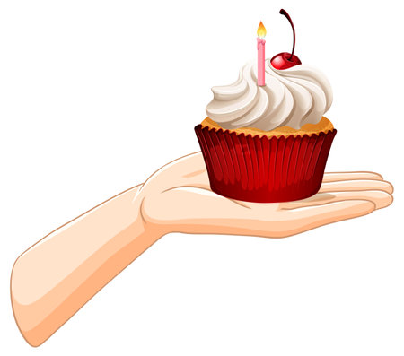 A cupcake with candle on an open handのイラスト素材