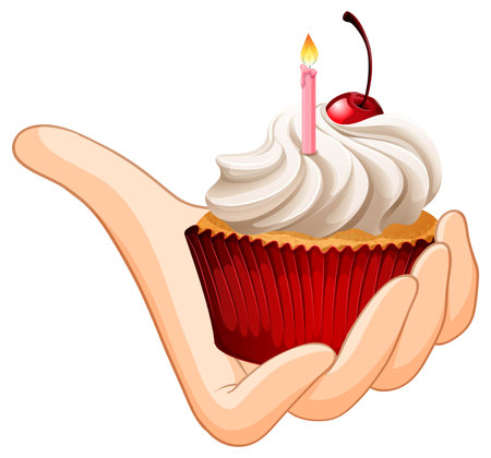 Cupcake with cherry and candle in handのイラスト素材