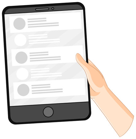 A hand holding a smartphone with messages displayedのイラスト素材