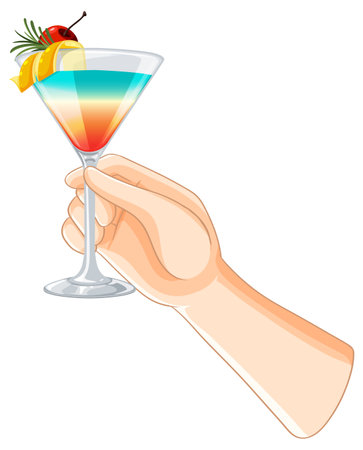 Hand holding a vibrant, layered cocktail glassのイラスト素材