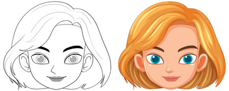 Vector illustration of a woman's face in color and outlineのイラスト素材