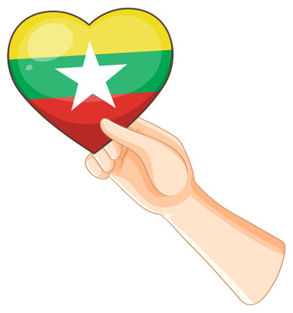 Hand holding a heart-shaped Myanmar flag illustrationのイラスト素材