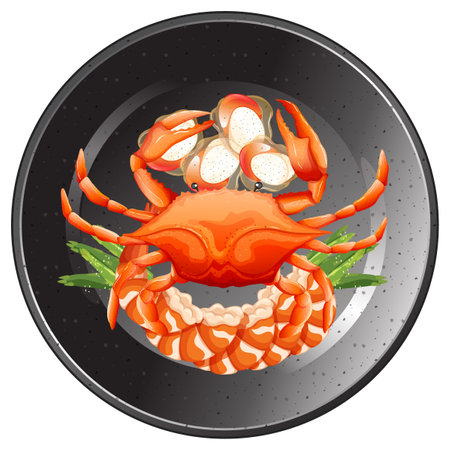 Crab and shrimp on a decorative plateのイラスト素材