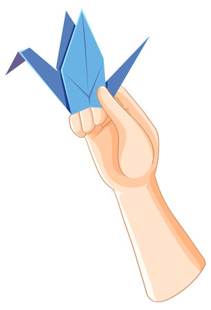 A hand gently holds a blue paper craneのイラスト素材