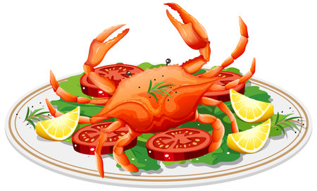 Crab served with tomatoes, greens, and lemon slicesのイラスト素材