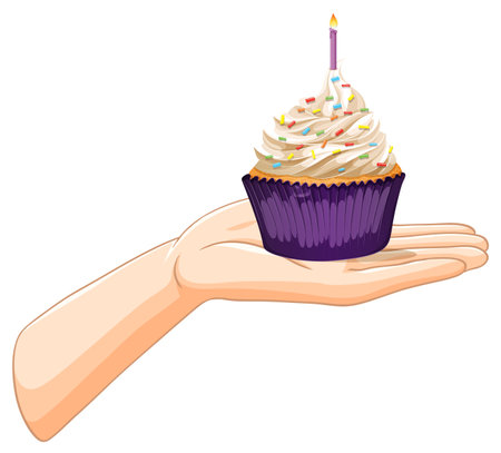 A cupcake with candle held in handのイラスト素材