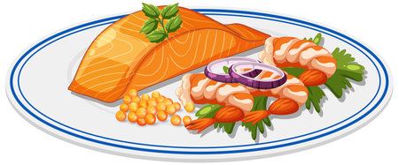 Illustration of salmon, shrimp, and vegetables on plateのイラスト素材