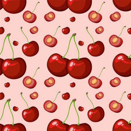 Vector cherries and halves on pink background