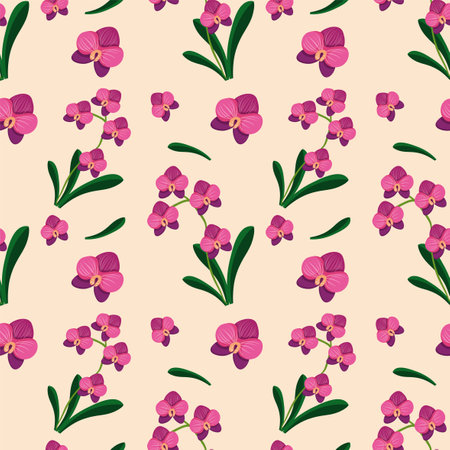 Pink flowers with green leaves on beige backgroundのイラスト素材