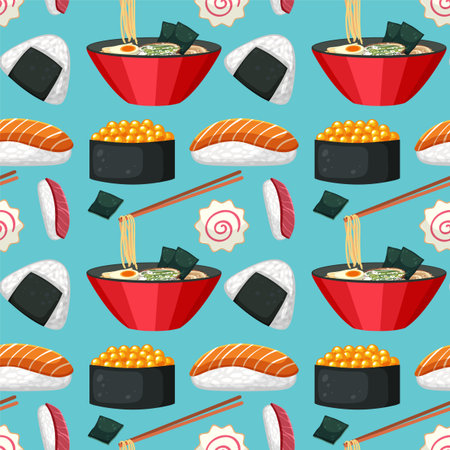 Colorful illustration of various Japanese dishesのイラスト素材