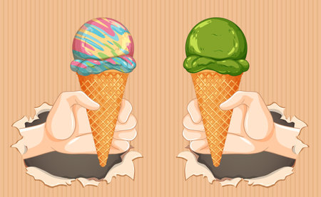 Two hands holding vibrant ice cream conesのイラスト素材