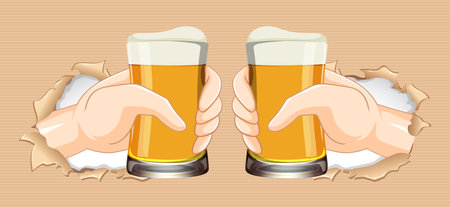 Two hands holding beer glasses through holesのイラスト素材