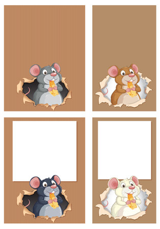 Adorable mice peeking through paper with cheeseのイラスト素材