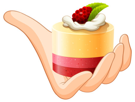 A hand presents a layered cake with raspberryのイラスト素材