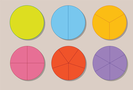 Six vibrant circles illustrating mathematical fractionsのイラスト素材