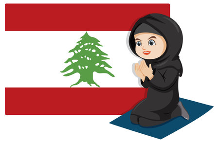 Woman praying beside the Lebanese flagのイラスト素材