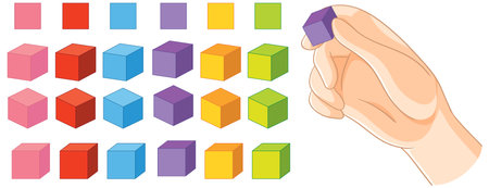 Hand holding a purple cube among colorful cubesのイラスト素材
