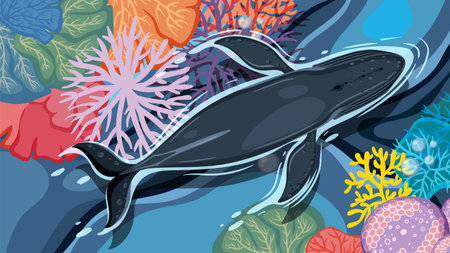 Whale swimming among vibrant coral reefsのイラスト素材