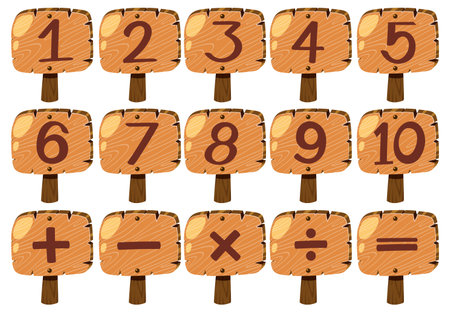 Wooden signs displaying numbers and math symbolsのイラスト素材