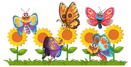 Vibrant butterflies fluttering around cheerful sunflowersのイラスト素材