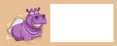 Smiling hippo peeking through a paper holeのイラスト素材