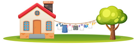 Cozy home with clothesline and tree nearbyのイラスト素材
