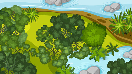 Aerial view of river, trees, and rocksのイラスト素材