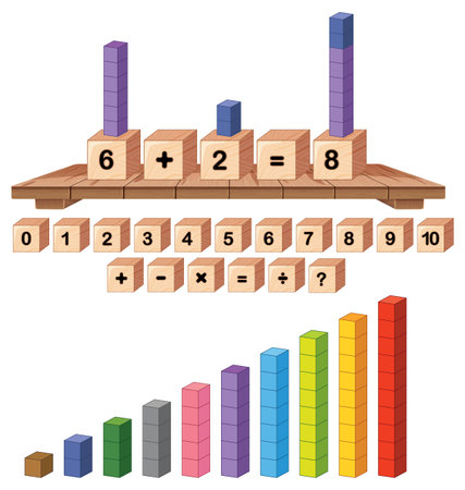 Wooden blocks illustrating basic math operations and balanceのイラスト素材