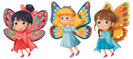 Three fairies with vibrant wings and joyful expressionsのイラスト素材