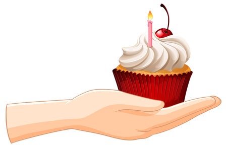 A cupcake with candle held in handのイラスト素材