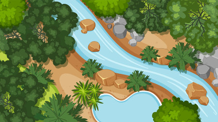 A tranquil river winding through dense green foliageのイラスト素材