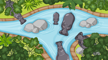 Aerial view of hippos in a lush riverのイラスト素材